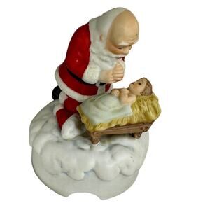 Roman Inc Kneeling Santa Porcelain Music Box Baby Jesus Nativity 1983